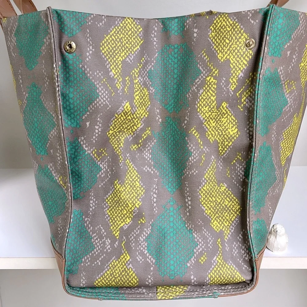 Tory Burch Ella Snake Skin Print Teal/Lime Large Tote